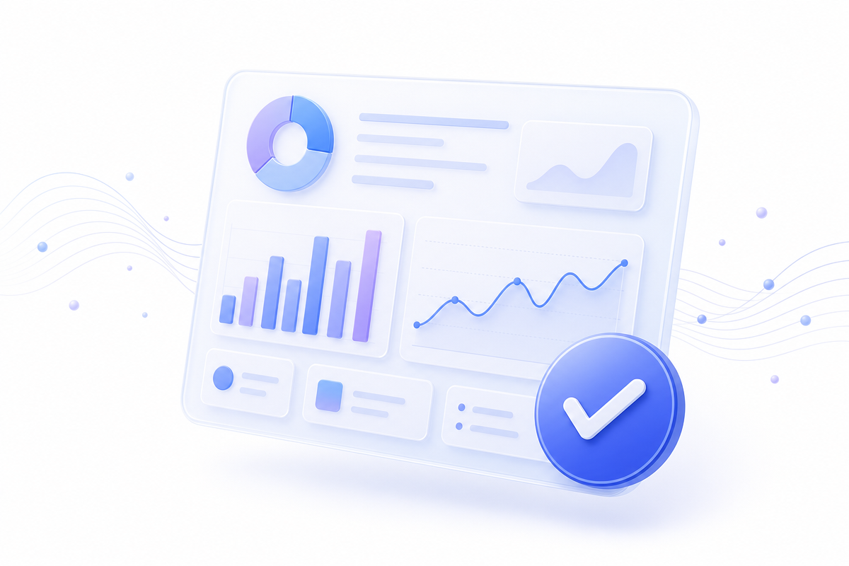 Illustration of an analytics dashboard with a verified checkmark