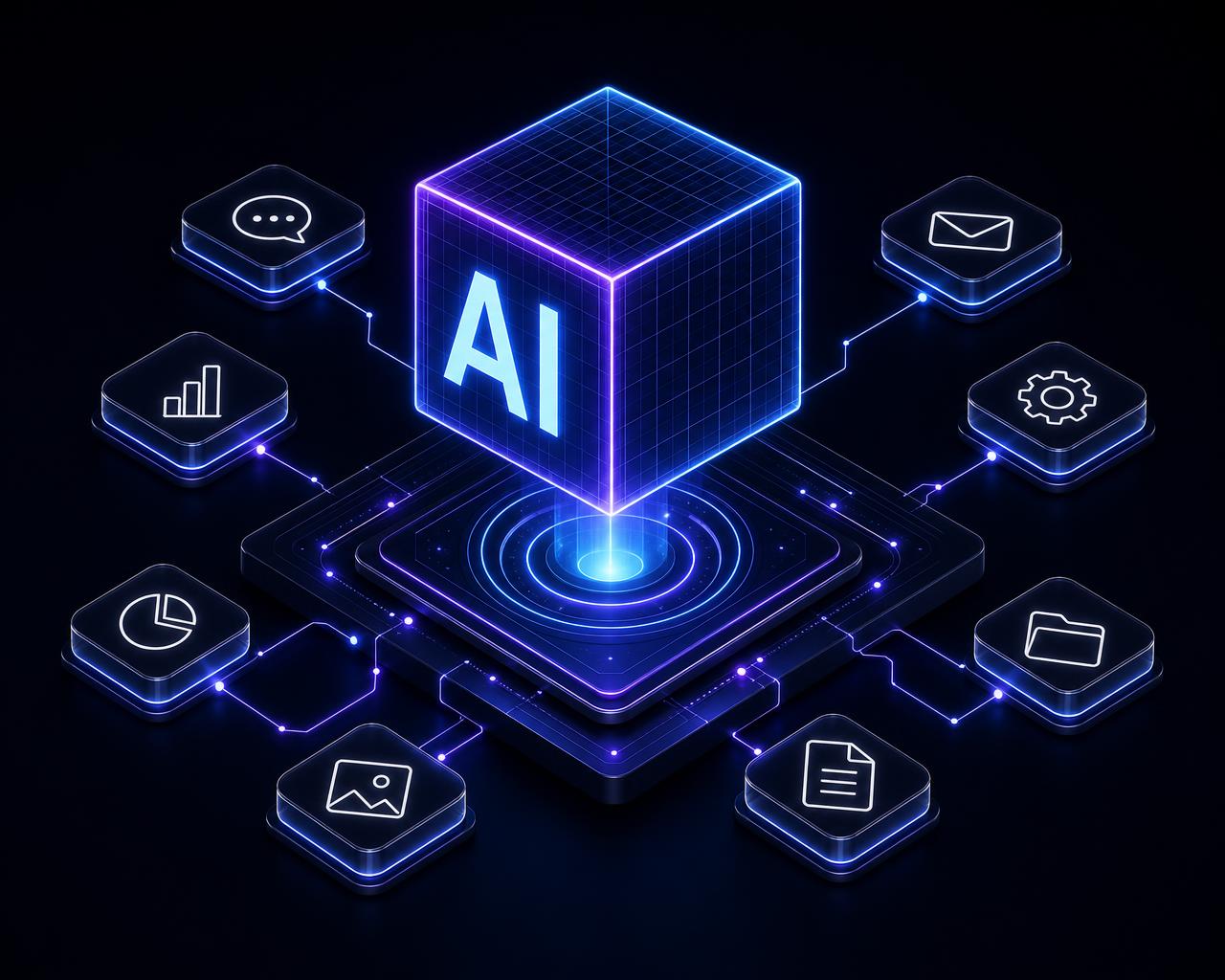 Isometric AI platform with a glowing AI cube connected to app cards